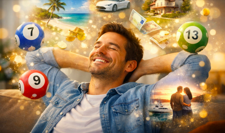 Hombre sonriendo con los ojos cerrados mientras imagina que gana la lotería, rodeado de escenas de viajes, dinero y bienestar que reflejan cómo estas fantasías mejoran su estado de ánimo